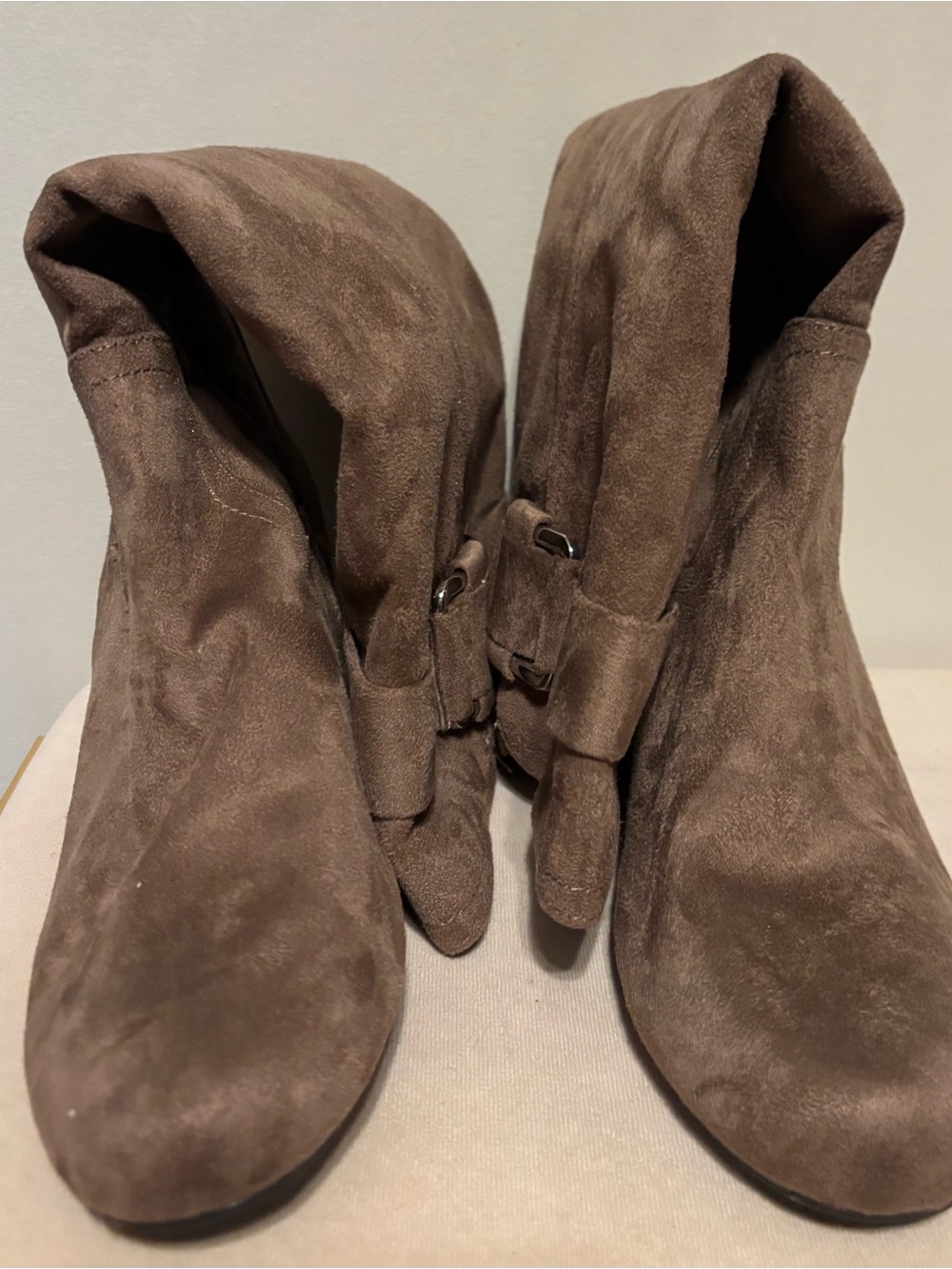 Women’s IMPO Brown Suede Wedge Ankle Boots side buckles